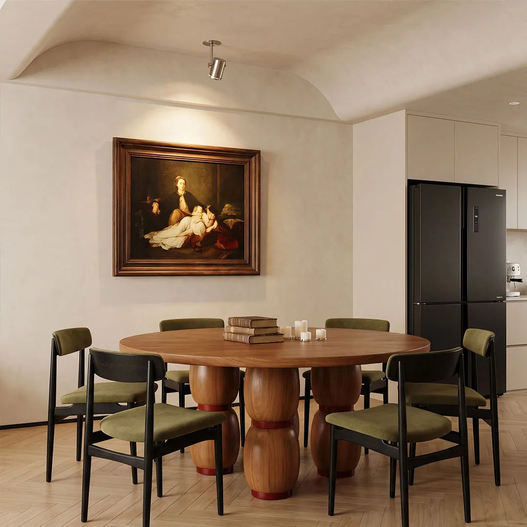 Spotlight ceiling light illuminating a dining room with a compact adjustable ceiling fixture.