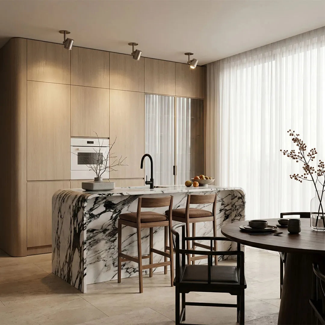 Spotlight ceiling light installed above a modern kitchen and dining area with adjustable illumination.