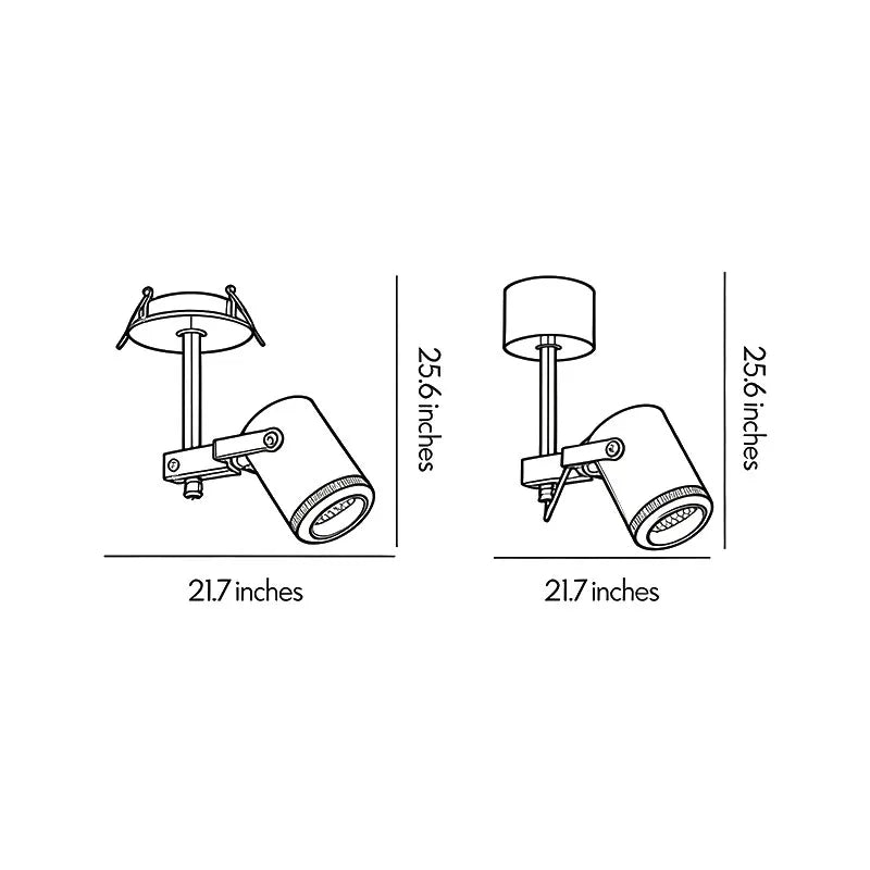 Spotlight ceiling light dimensions drawing showing recessed and surface-mounted installation measurements.