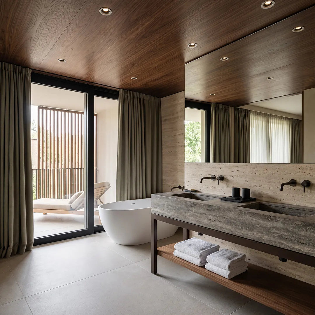 Spotlight ceiling lights installed in a modern bathroom with recessed ceiling illumination.
