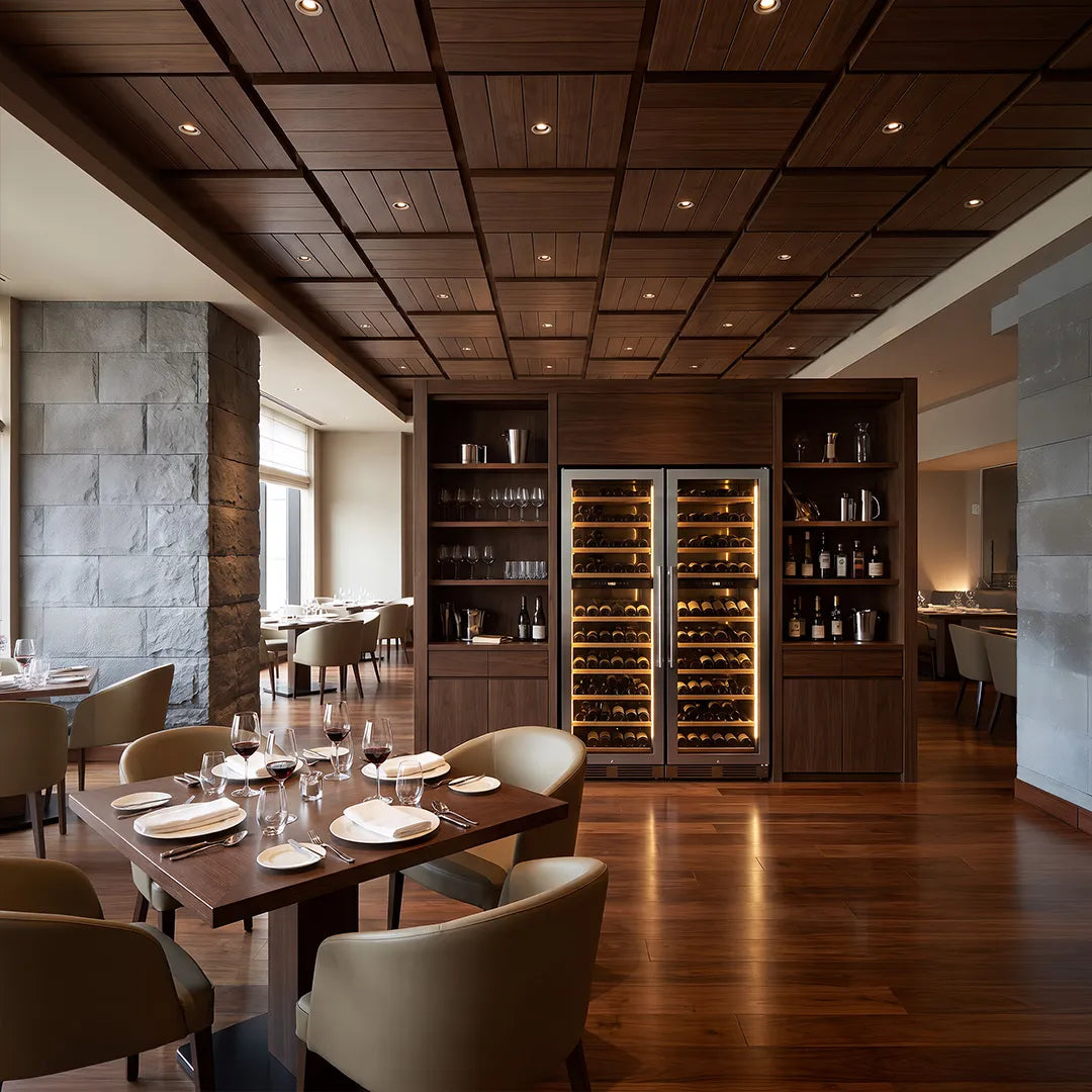 Spotlight ceiling lights illuminating a contemporary dining and wine room with warm ambient lighting.