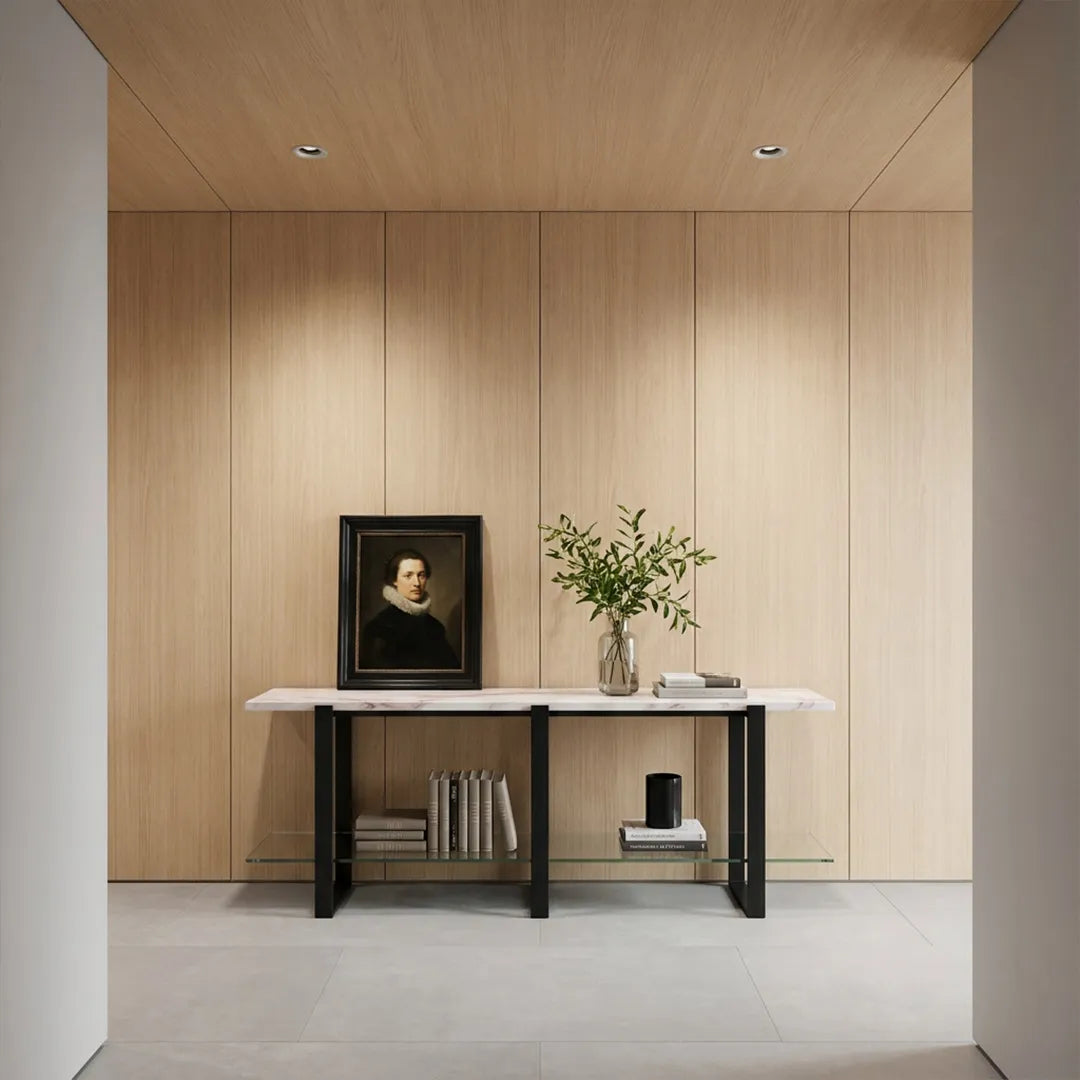 Spotlight ceiling lights illuminating a minimalist home office with a wood-paneled ceiling.