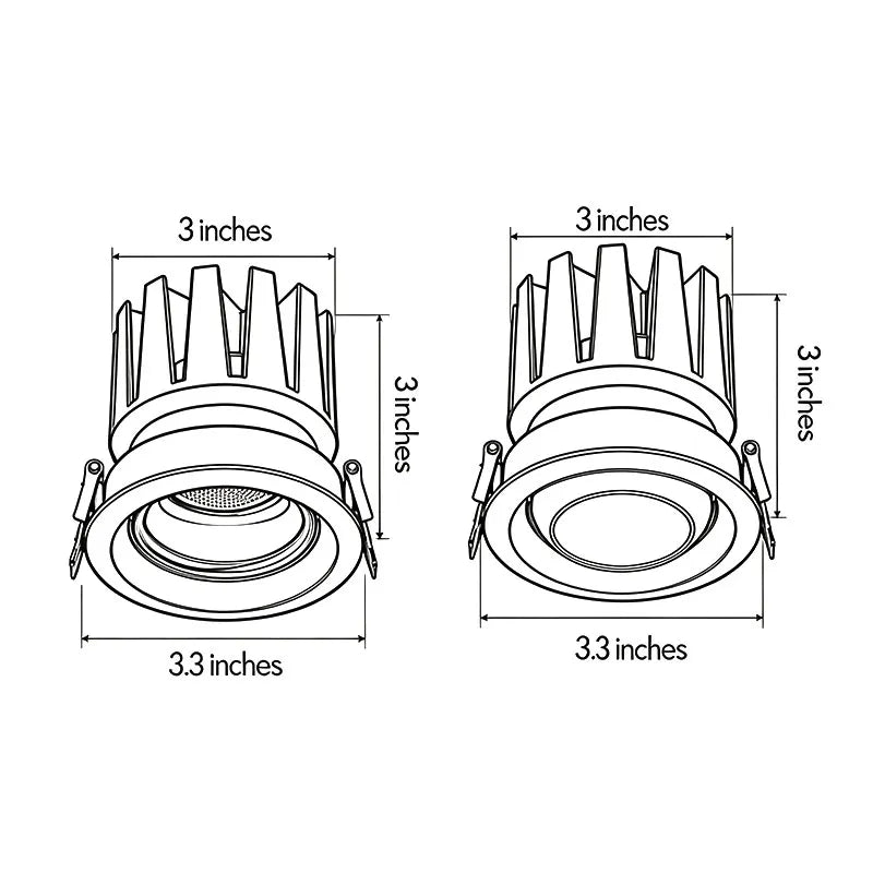 Spotlight ceiling lights dimensions drawing showing two recessed fixture sizes and installation measurements.