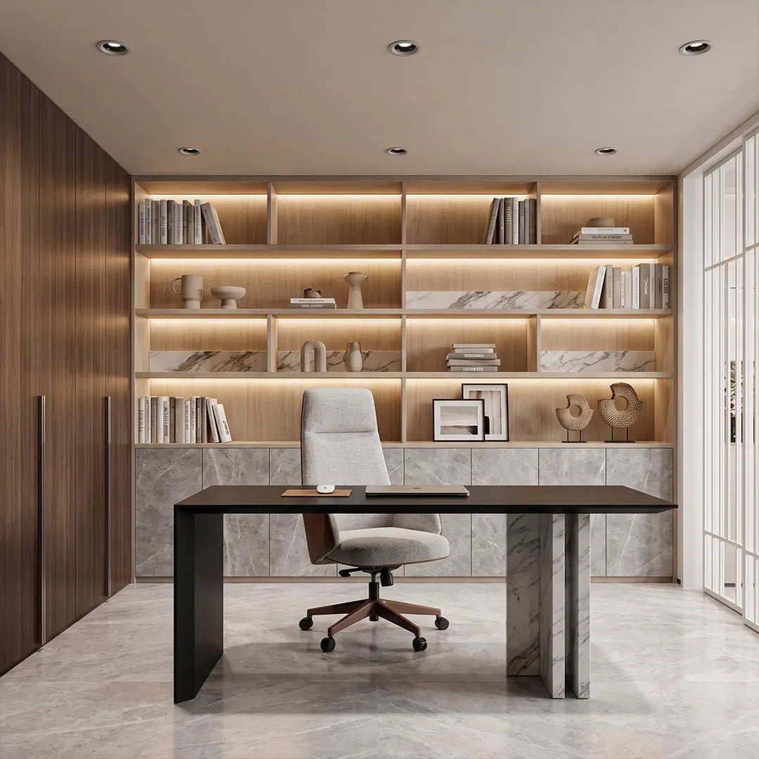 Spotlight ceiling lights installed in a contemporary study with built-in shelves and focused lighting.