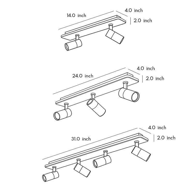 Spotlight Fixture technical dimension drawing, illustrating size options and mounting layout for ceiling installation.
