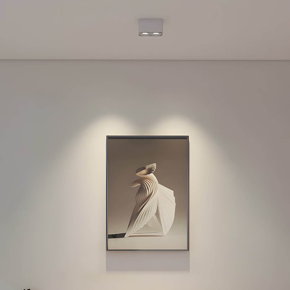 Spotlight LED square with a close-up of its black and white light heads.