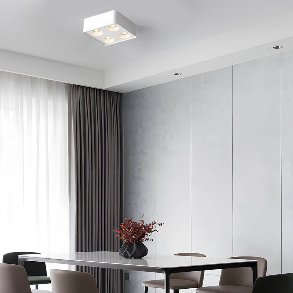 Spotlight LED square with a close-up of its white light heads and mounting.