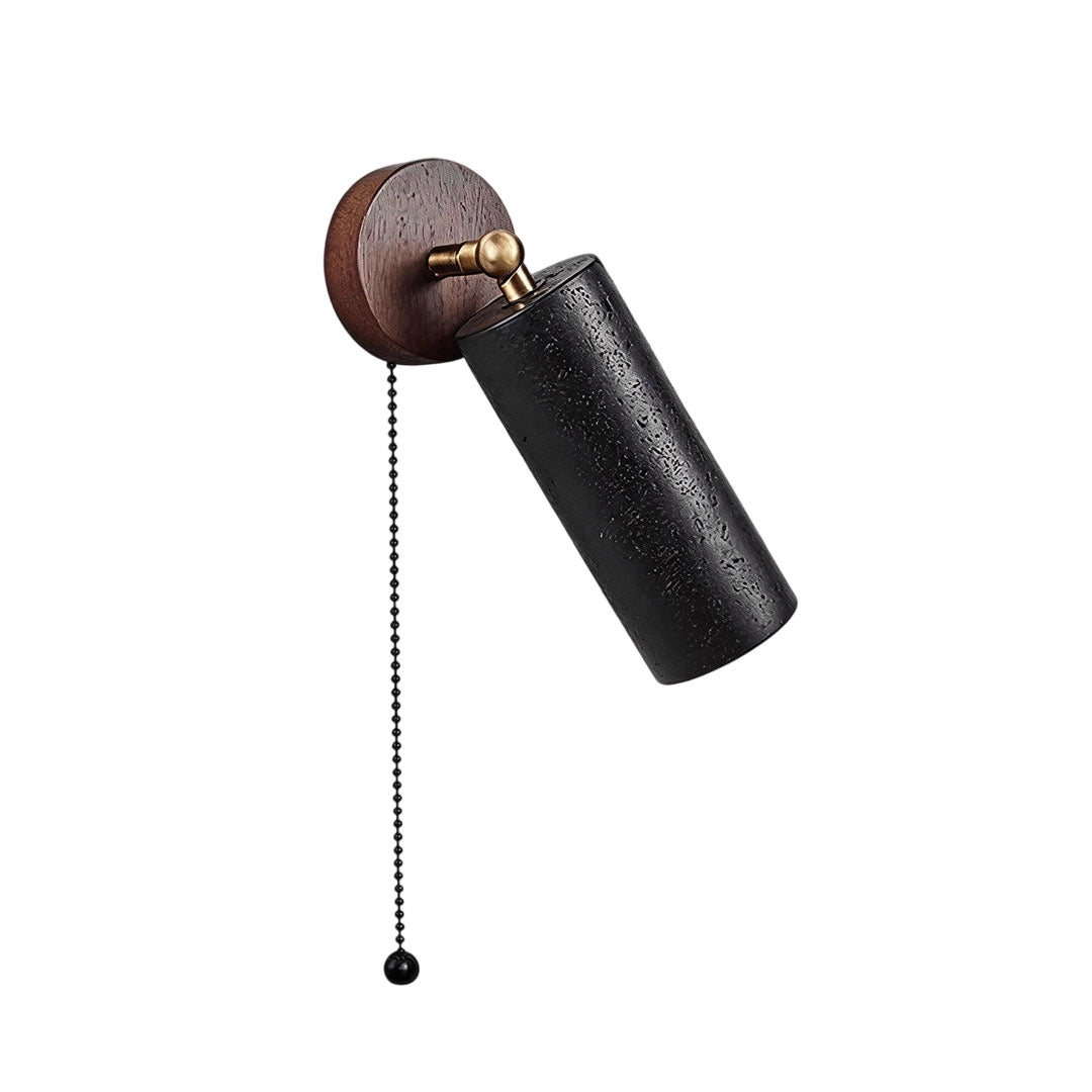 Spotlight wall light featuring an adjustable black cylinder, wood backplate, and pull-chain switch.