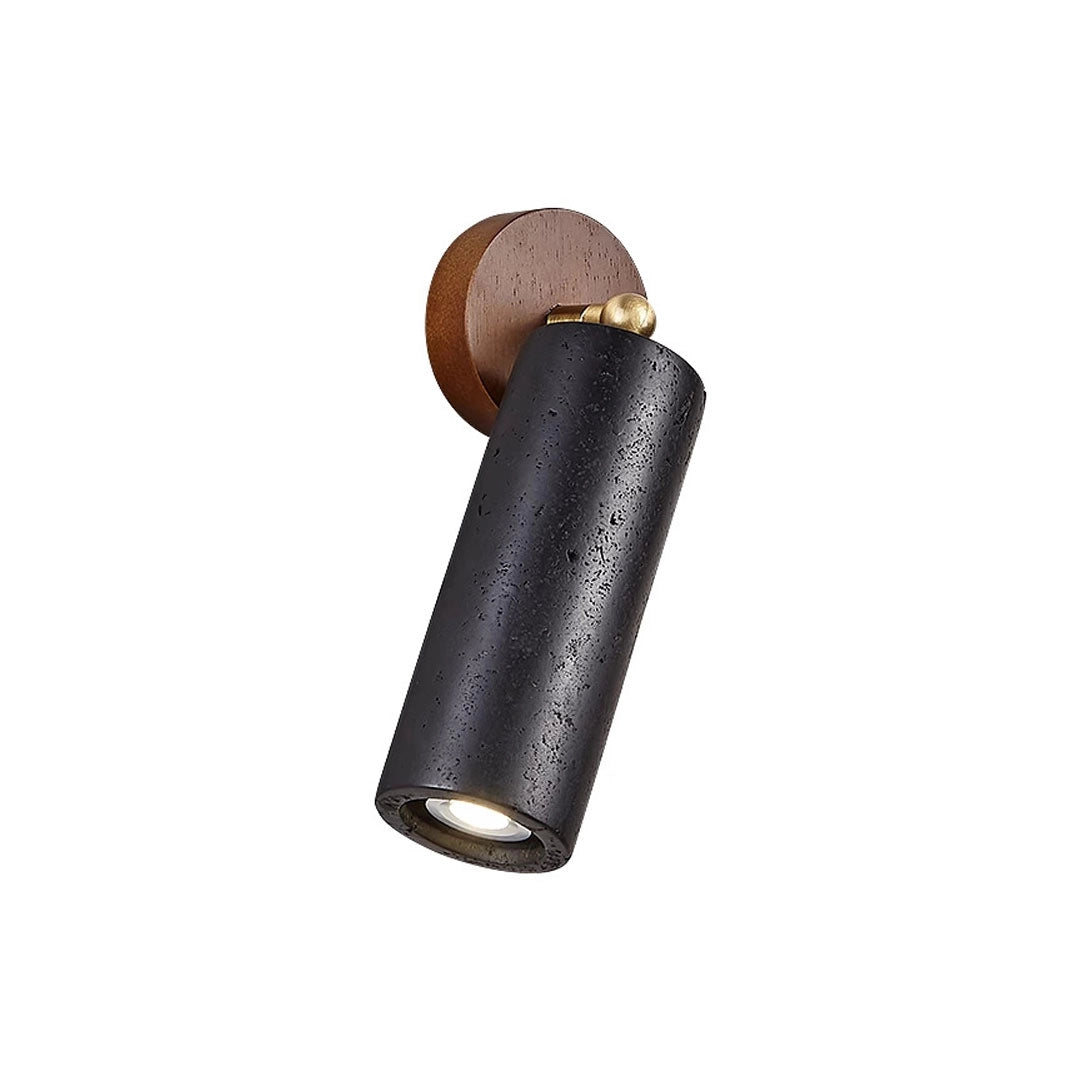 Spotlight wall light with an angled black cylinder, round wood backplate, and brass adjustment joint.