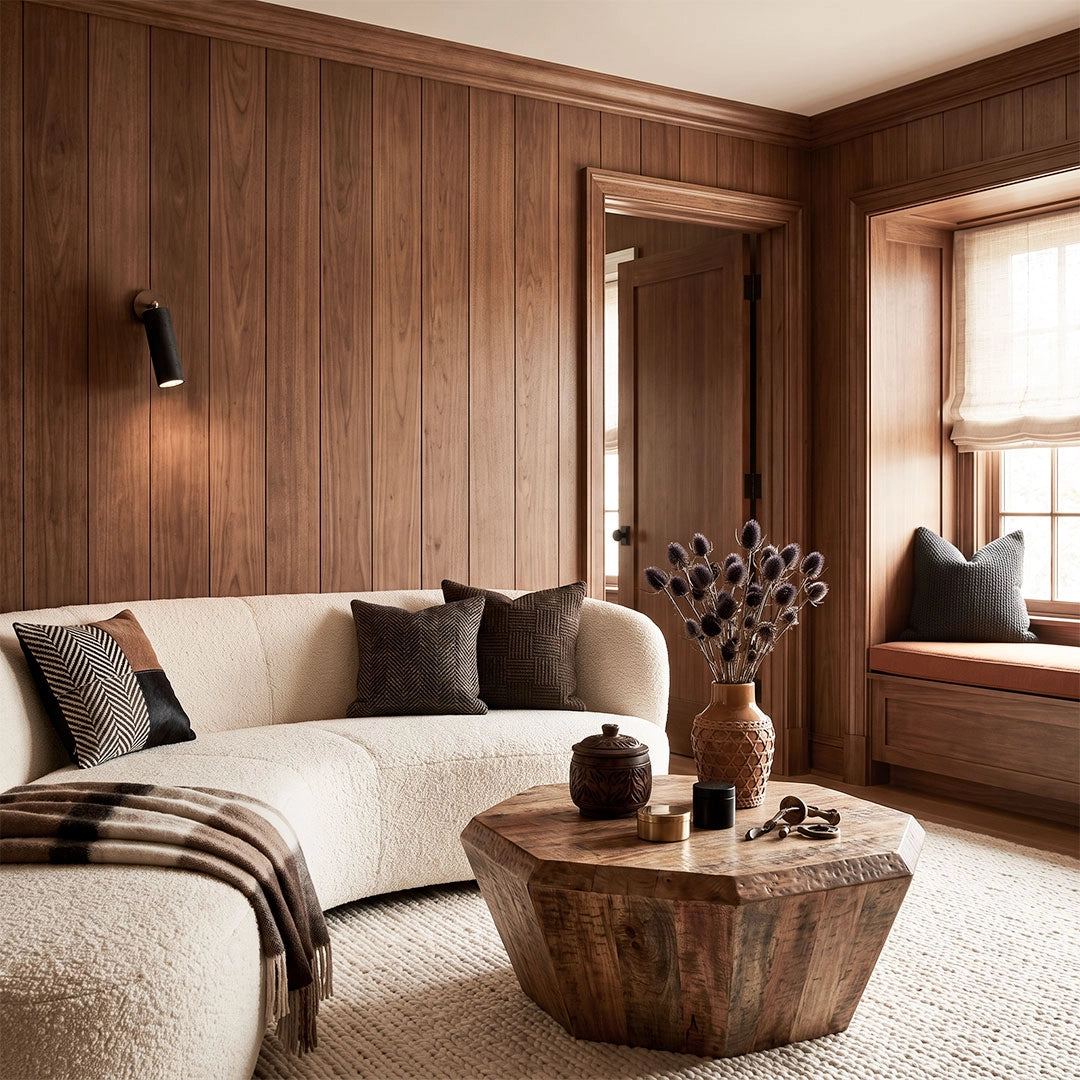 Spotlight wall lights adding focused illumination to a cozy living room with wood-paneled walls.