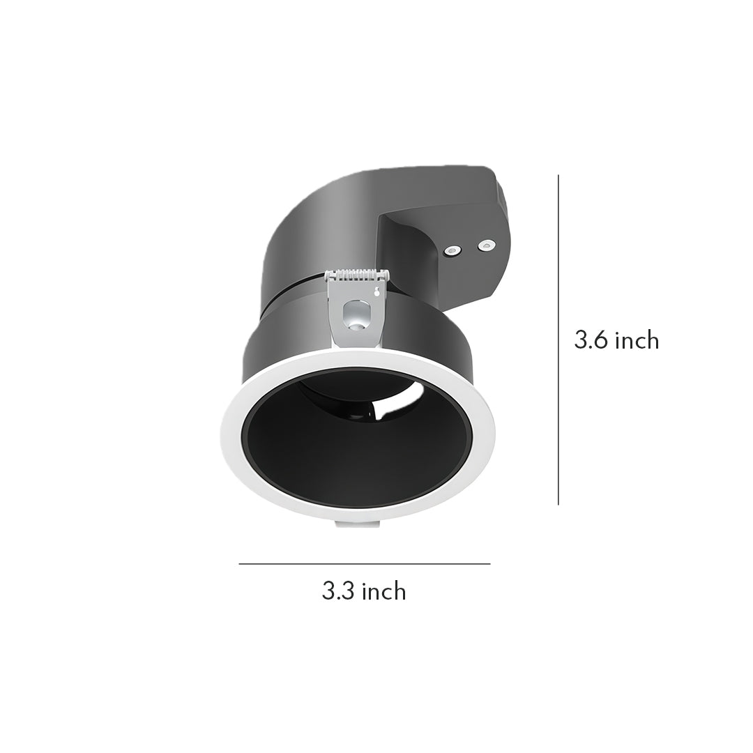 Spotlights for house showing adjustable recessed fixture with black housing and dimension measurement