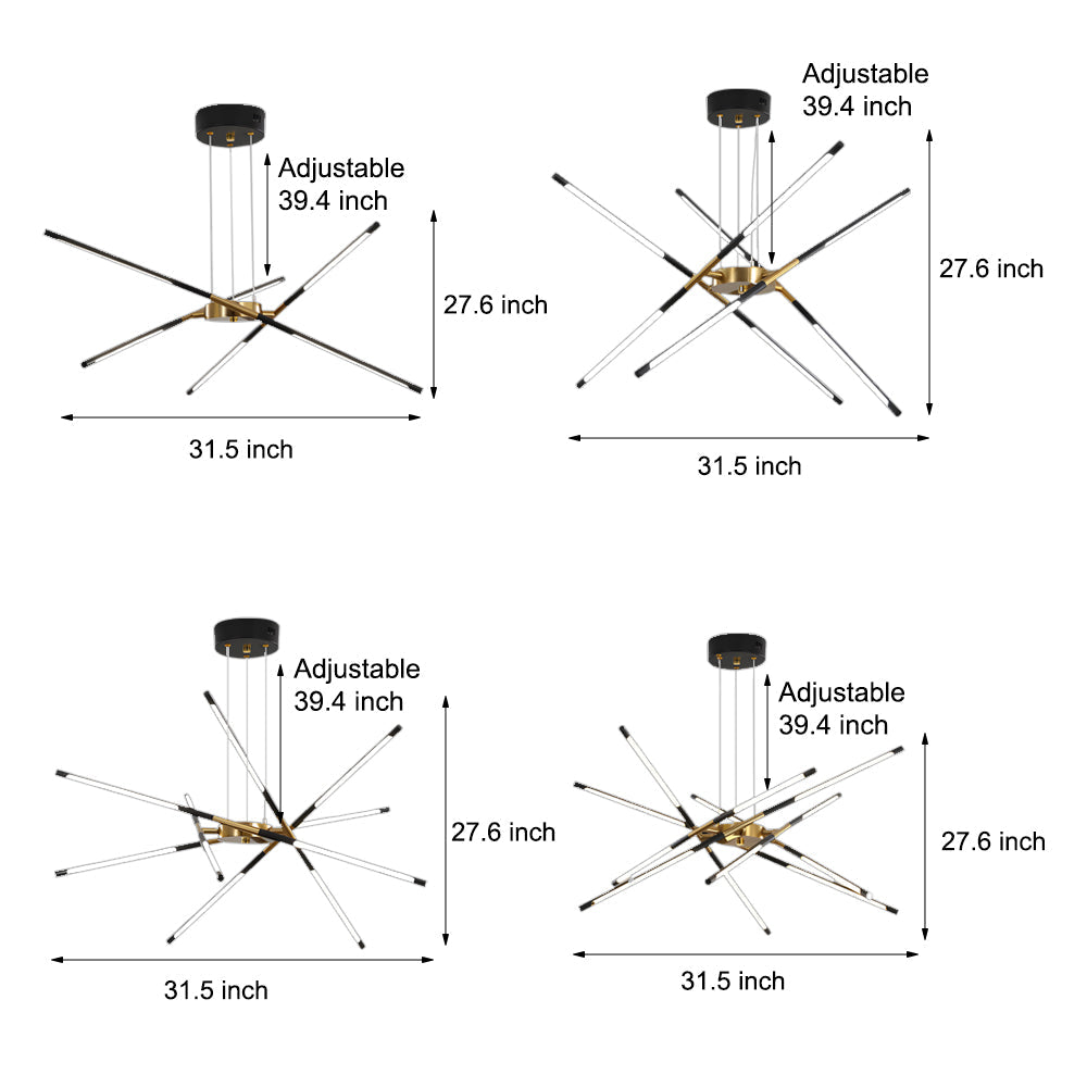 Dimension drawing of a Sputnik chandelier showing multiple size options, adjustable hanging height, and overall width measurements.