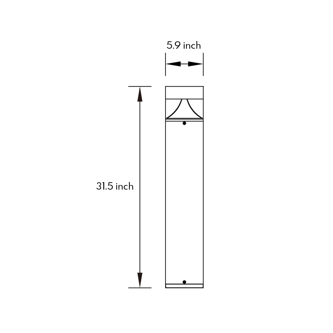 Technical specification drawing showing dimensions for square bollard light with top illumination