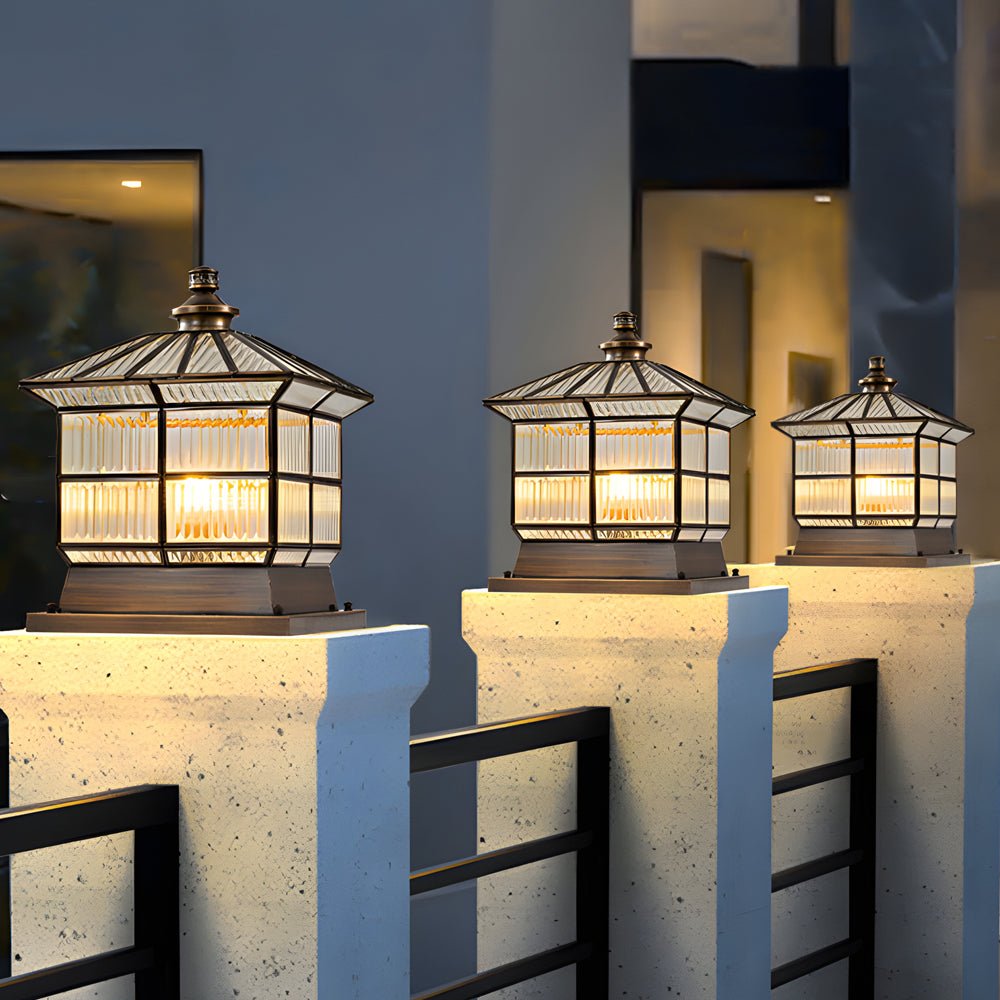 Square Bronze Hardwired/Solar Pillar Lamp Fence Post Light with 3 Step Dimming