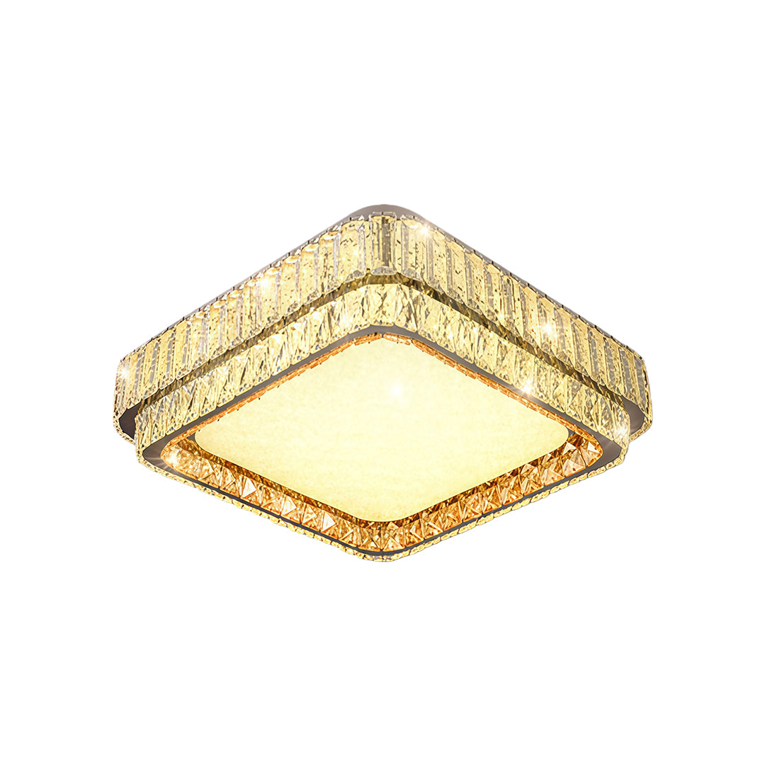 Square contemporary flush mount lighting with glass shade chandelier styling featuring geometric gold frame and crystal accents.