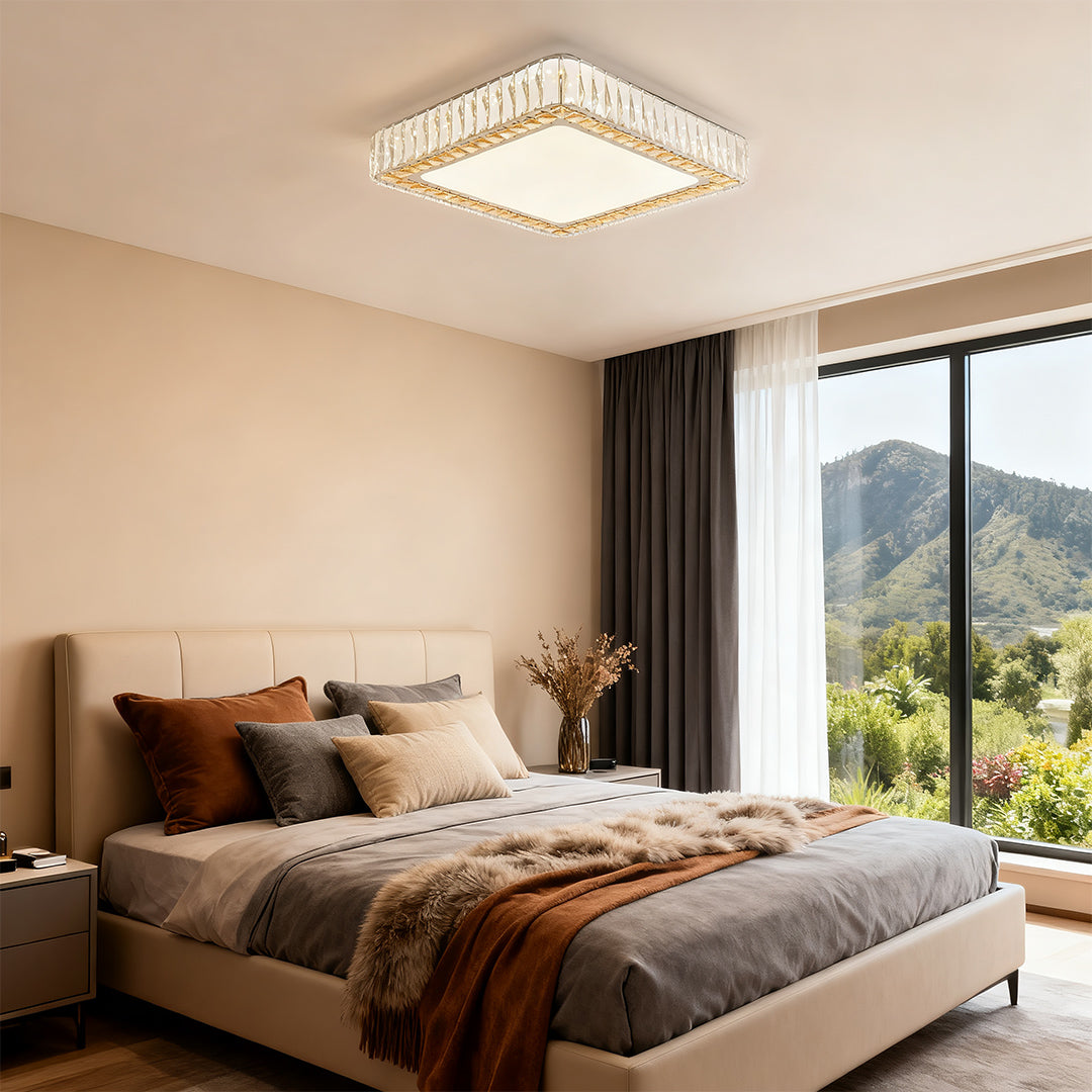 Square crystal ceiling light creating a warm and inviting atmosphere in a modern bedroom.