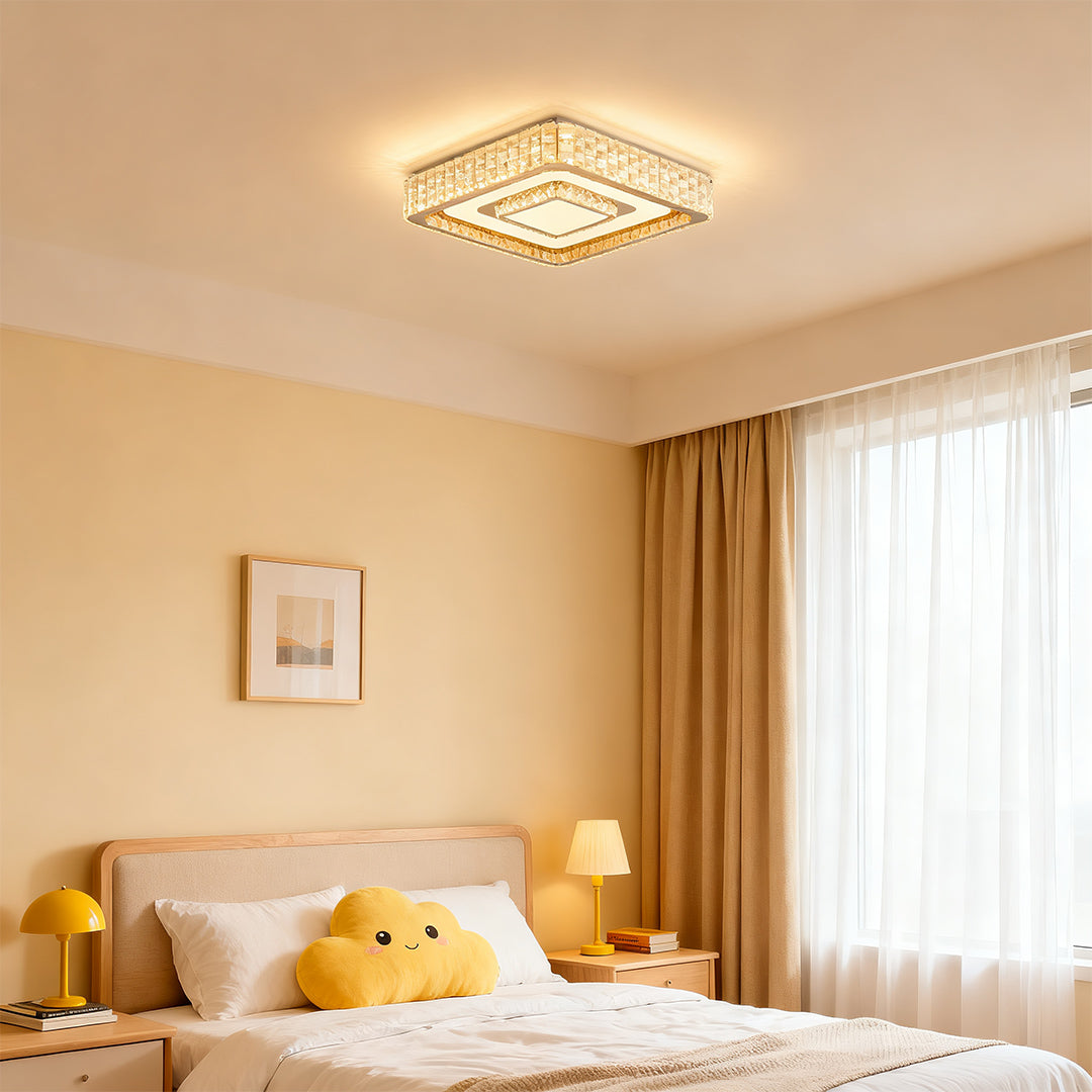 Square crystal flush mount LED light fixtures in a warm and cozy bedroom.