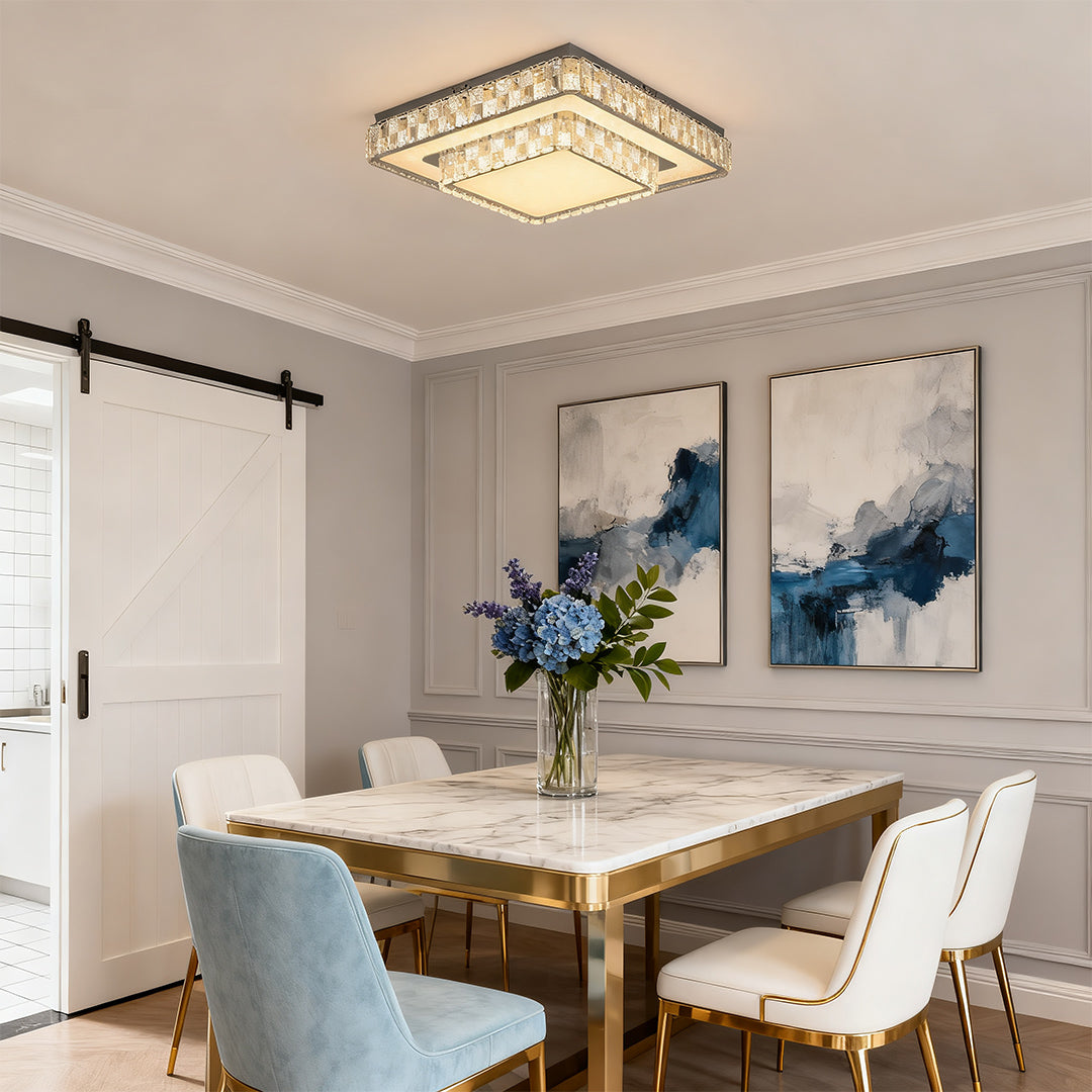 Round flush mount ceiling LED light illuminating a cozy bedroom interior.