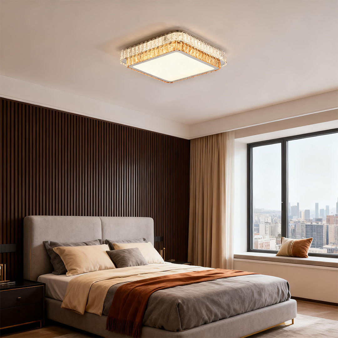 Square flush mount ceiling light modern brightening a stylish bedroom.