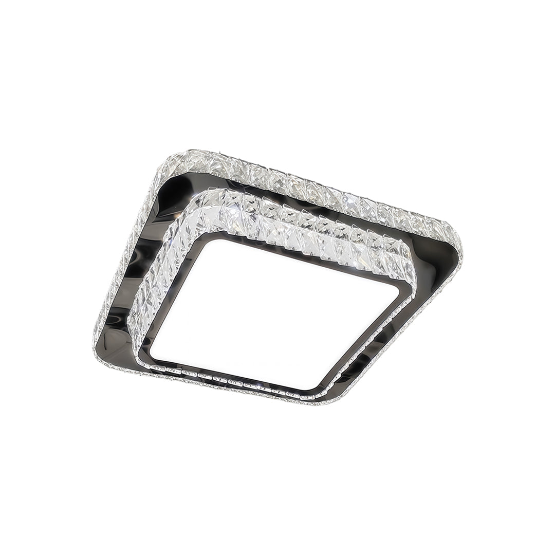Square flush mount crystal light fixture with metallic frame and clear crystal accents.