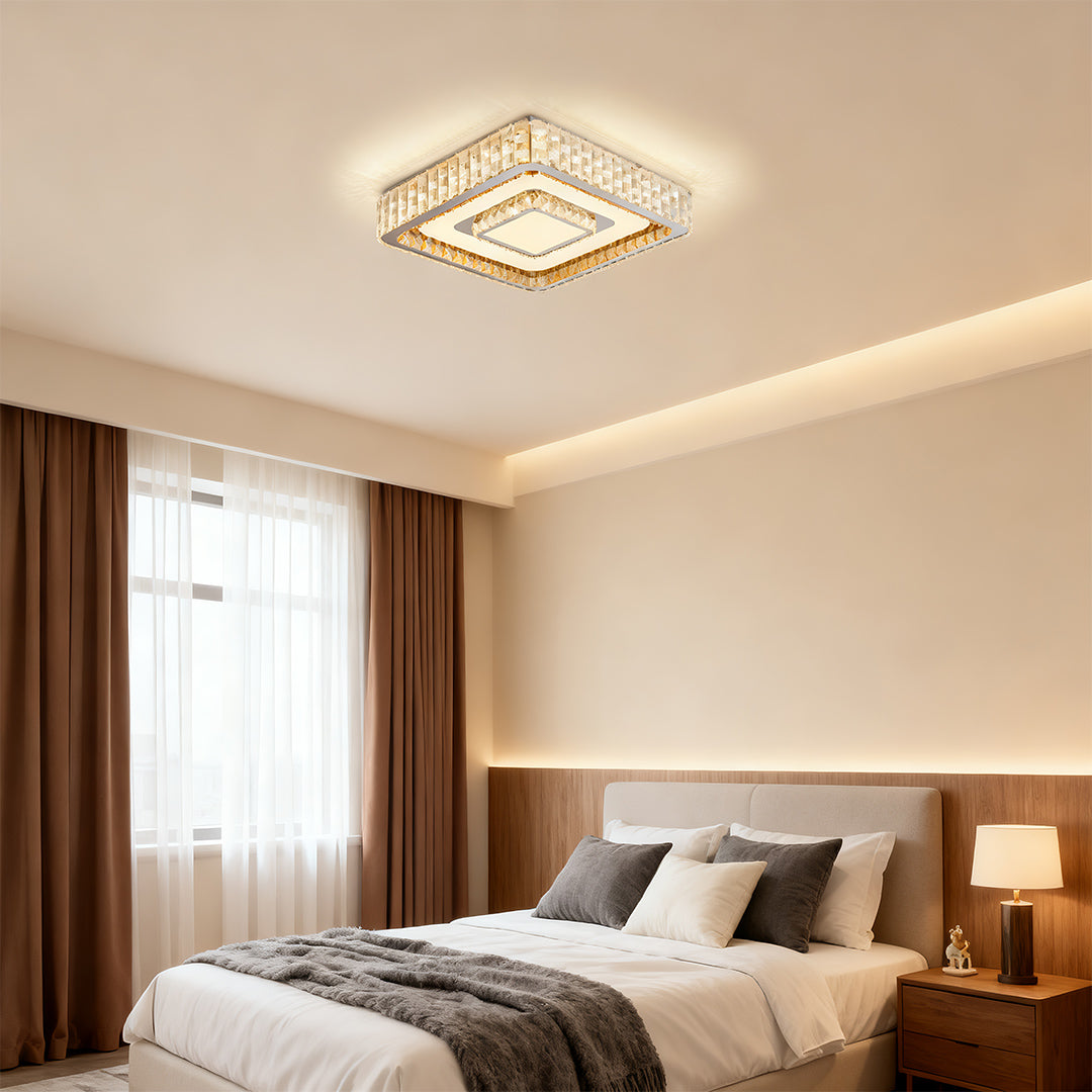 Square crystal flush mount LED light fixtures brightening a bedroom space.
