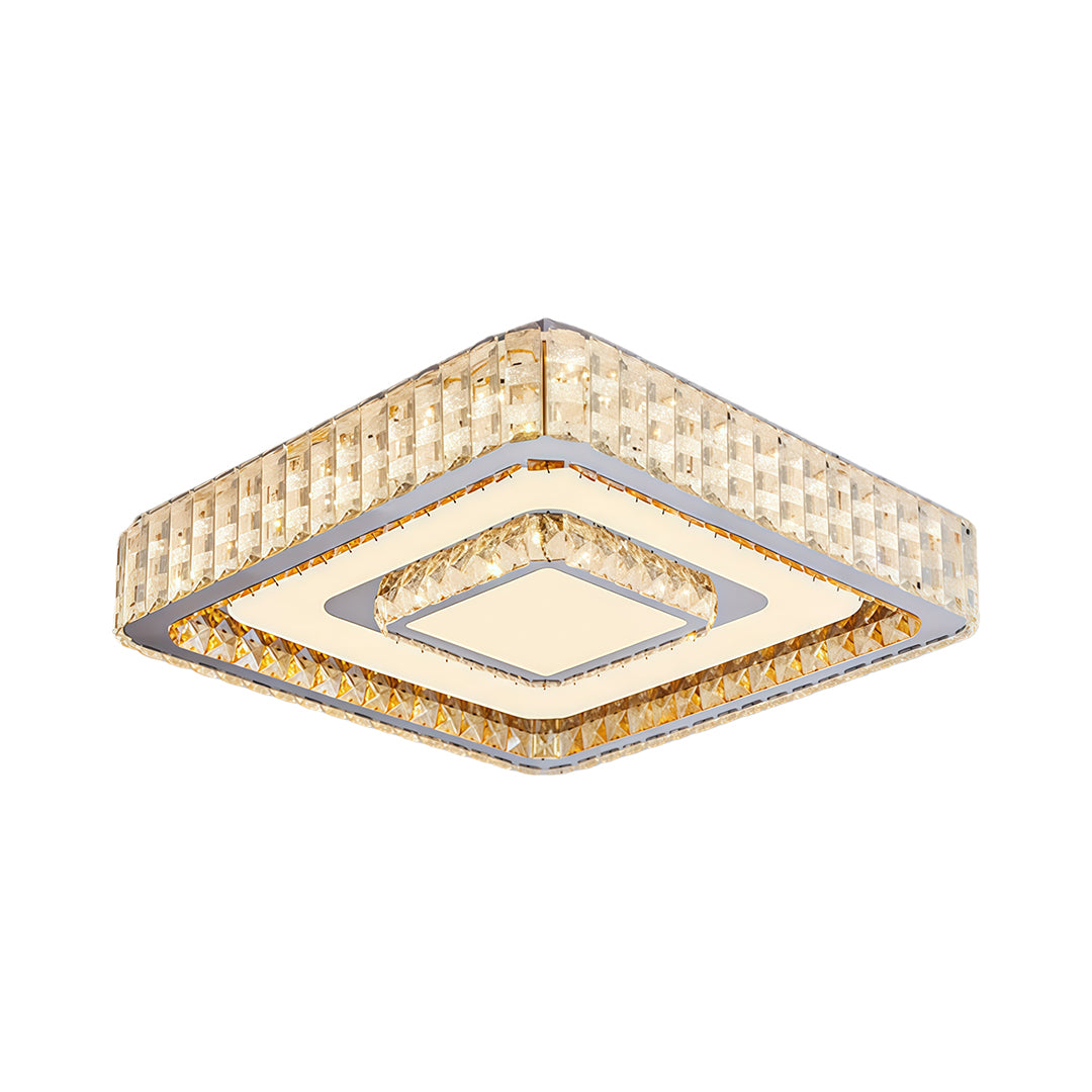 Square flush mount LED light fixtures with gold trim and crystal accents.