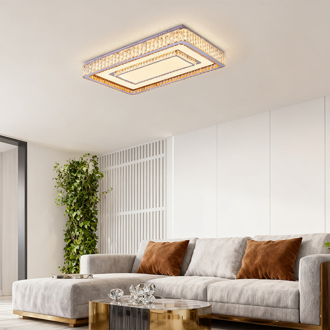 Square flush mount LED ceiling light illuminating a bright living room.