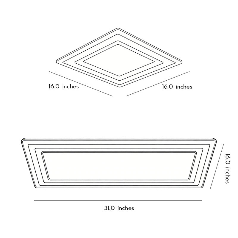 Technical diagram of square flush mount light showing dimensions and installation details.