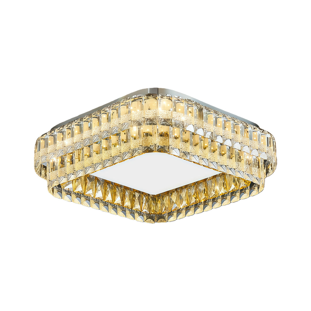 Square flush mount modern light with a modern geometric design and shimmering crystals.