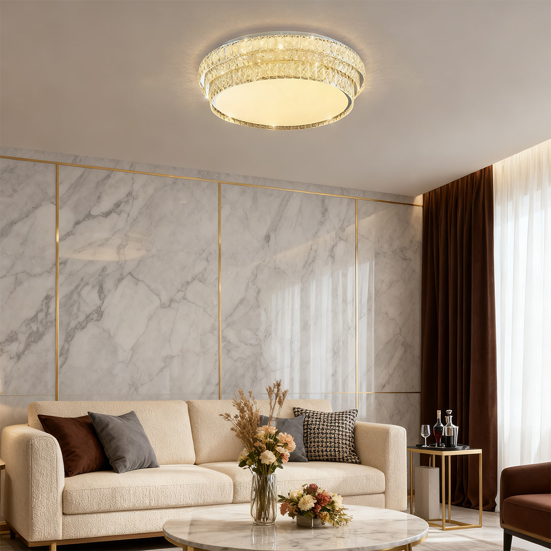 Square flush mounted LED lights featuring glass shade chandelier inspired design with decorative crystal trim detail.