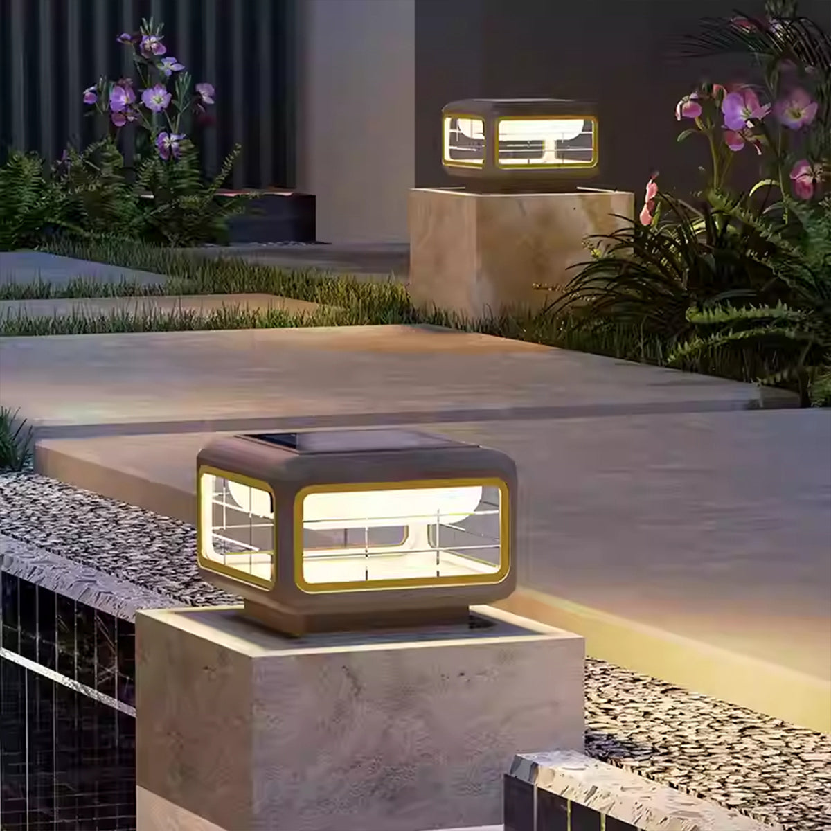 Elegant square solar light positioned on garden wall with soft ambient illumination
