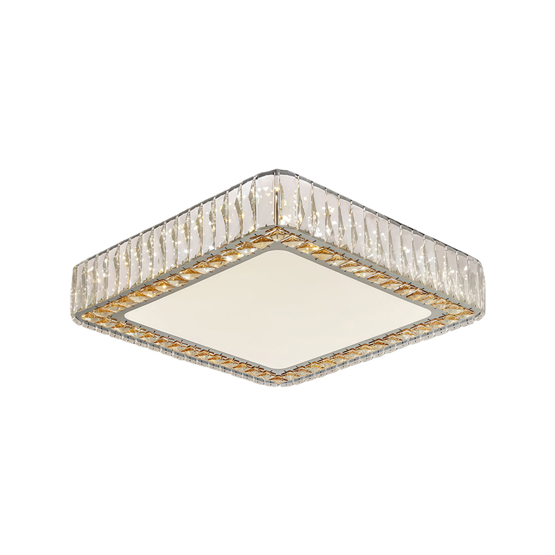 Square crystal ceiling light with gold accent frame and sleek modern design.