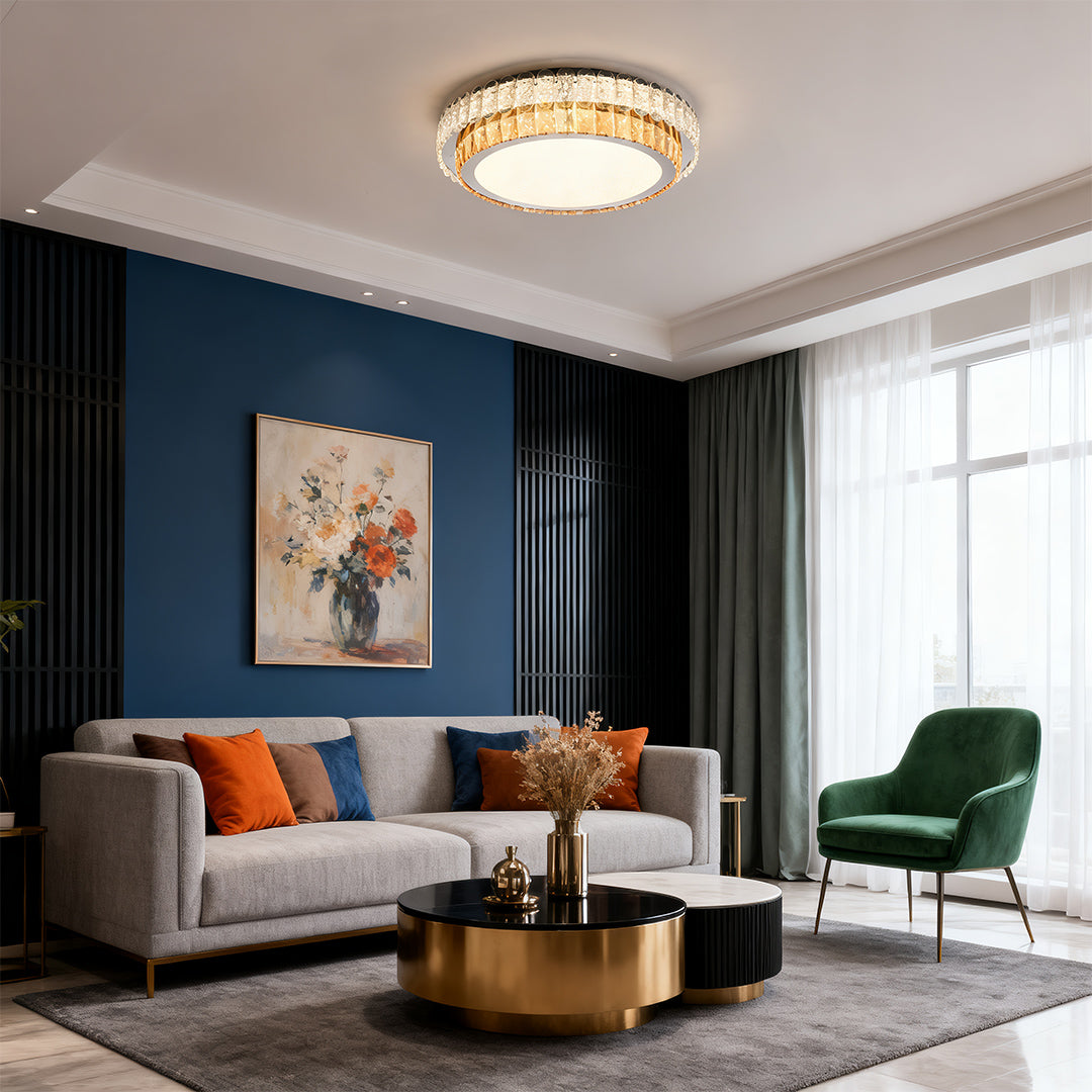 Square gold crystal modern flush mount ceiling light in luxury living room.