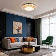 Square gold crystal modern flush mount ceiling light in luxury living room.