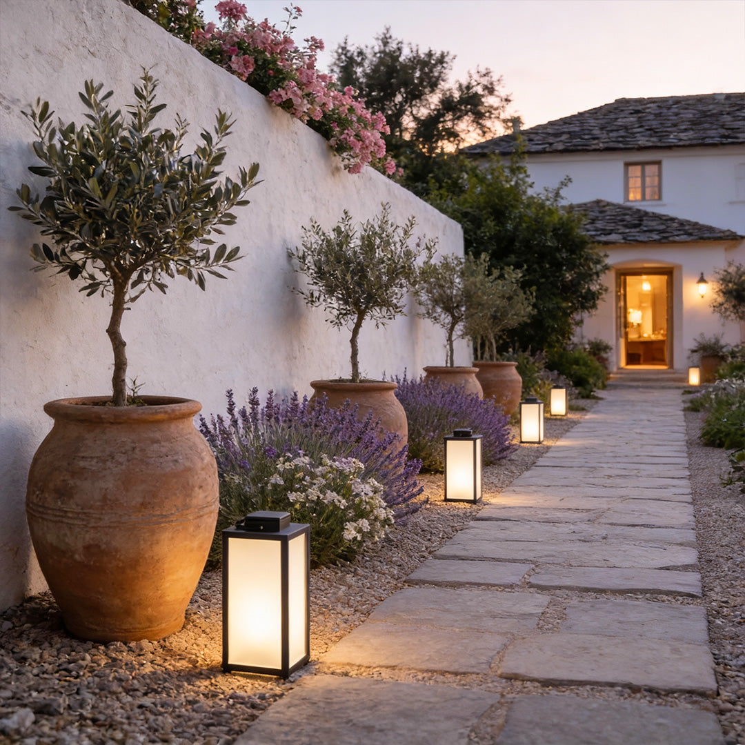 Square handheld lantern placed beside potted plants in Mediterranean garden pathway.