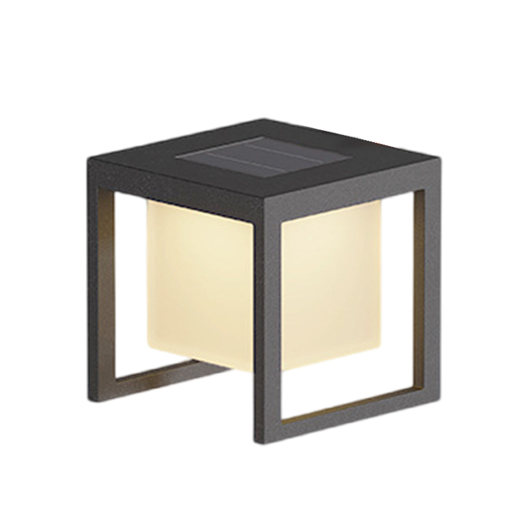 Square illuminated outdoor table light with dark metal frame, handheld light portability for flexible use