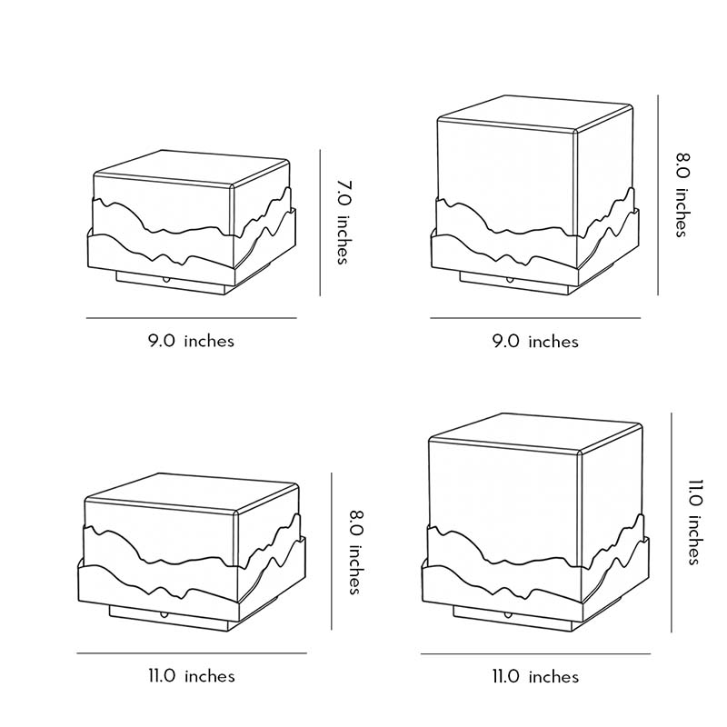 Technical diagram showing dimensions and structure of square landscape light models.