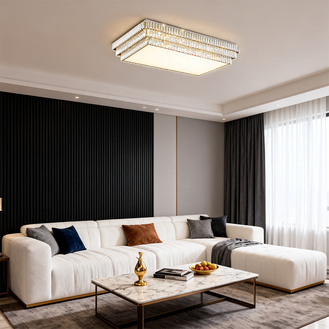 Square LED flush mount lighting with crystal frame and golden accent.