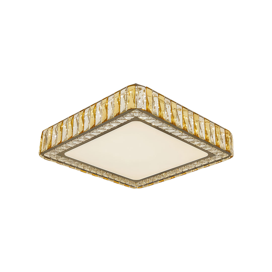 Square LED flush mounted ceiling lights with glass shade chandelier design and elegant gold frame with crystal accents.