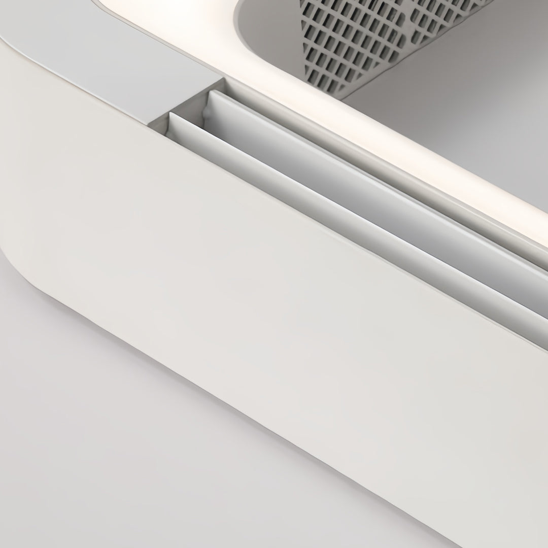 Low profile bladeless ceiling fan with light, isolated view highlighting square shape and LED illumination.