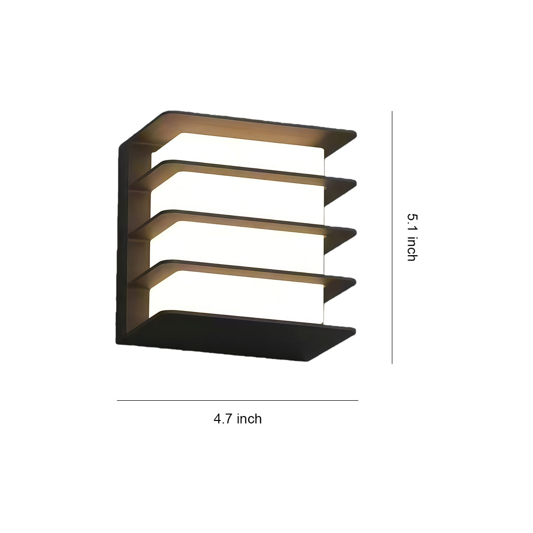 Square LED wall lights with glass shade chandelier inspired design featuring black housing and horizontal slatted pattern with dimensions.