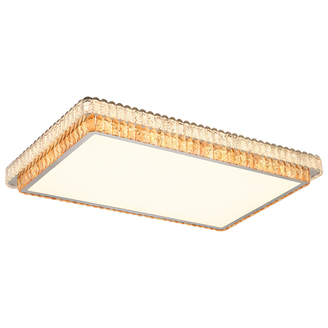 Square modern flush mount ceiling light installed above a bedroom bed.