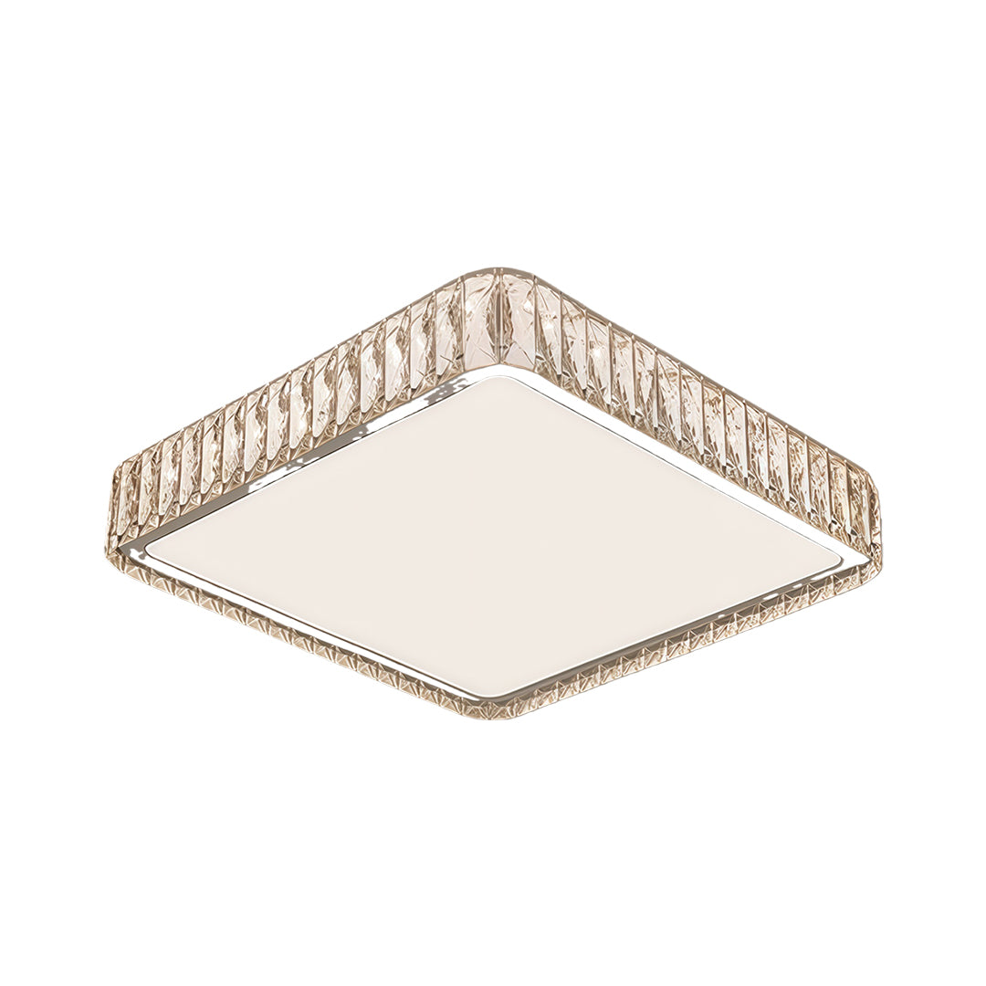 Square modern crystal flush mount lighting fixture with reflective trim and embedded crystal stones.