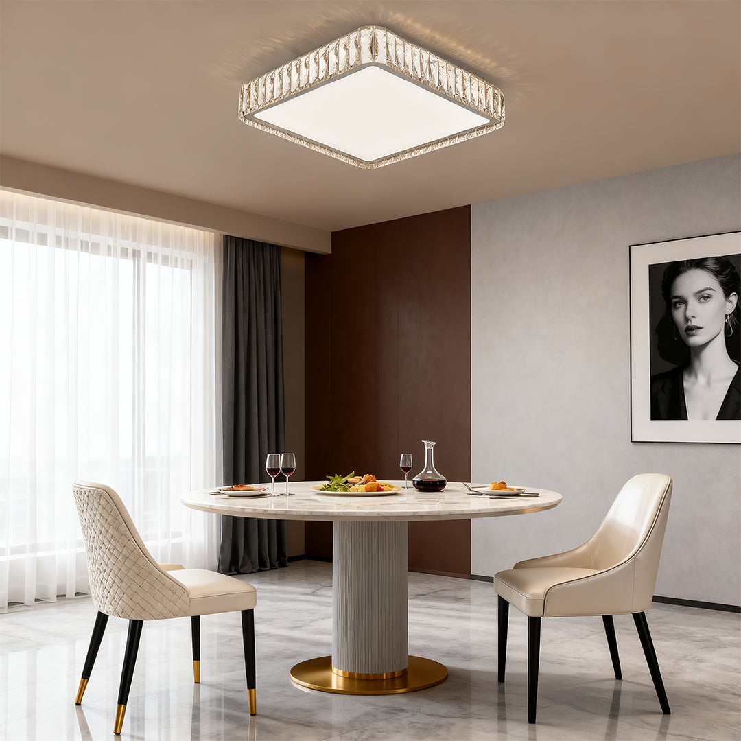 Square modern crystal flush mount lighting fixture creating soft illumination in a modern dining room.