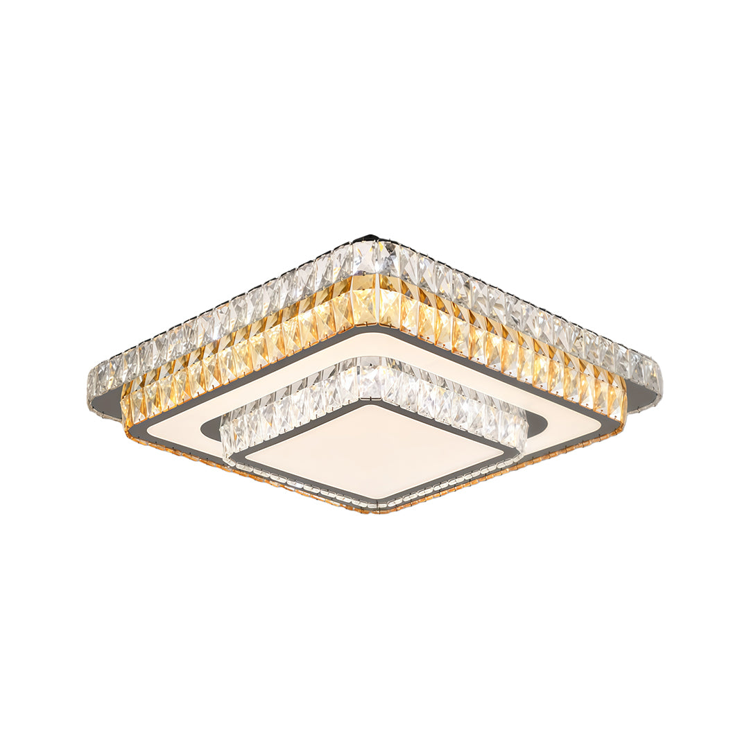 Square modern flush mount light fixture with gold crystal border and frosted diffuser.