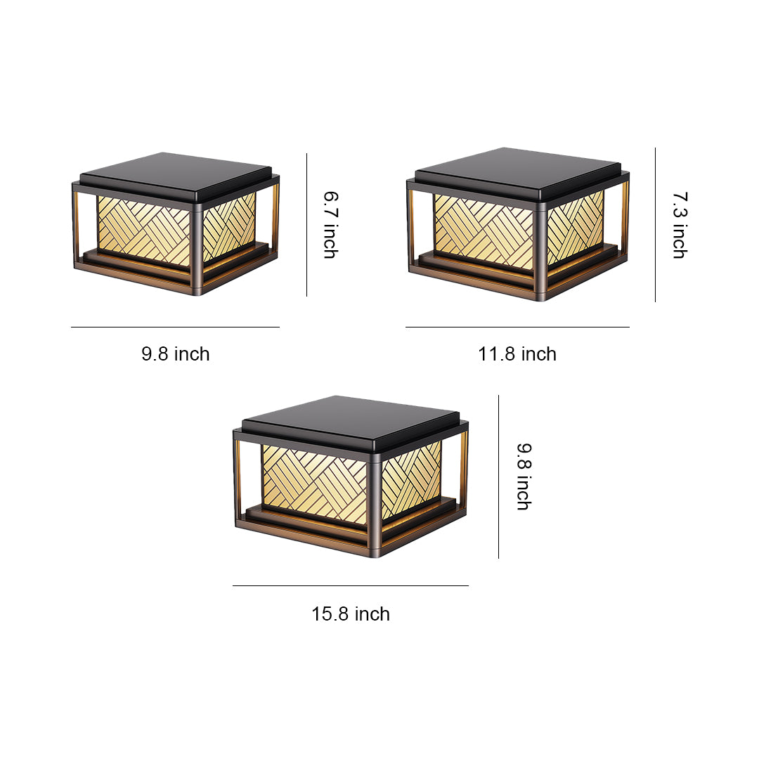 Modern square outdoor pillar LED light fixtures shown in three different sizes for various post applications.