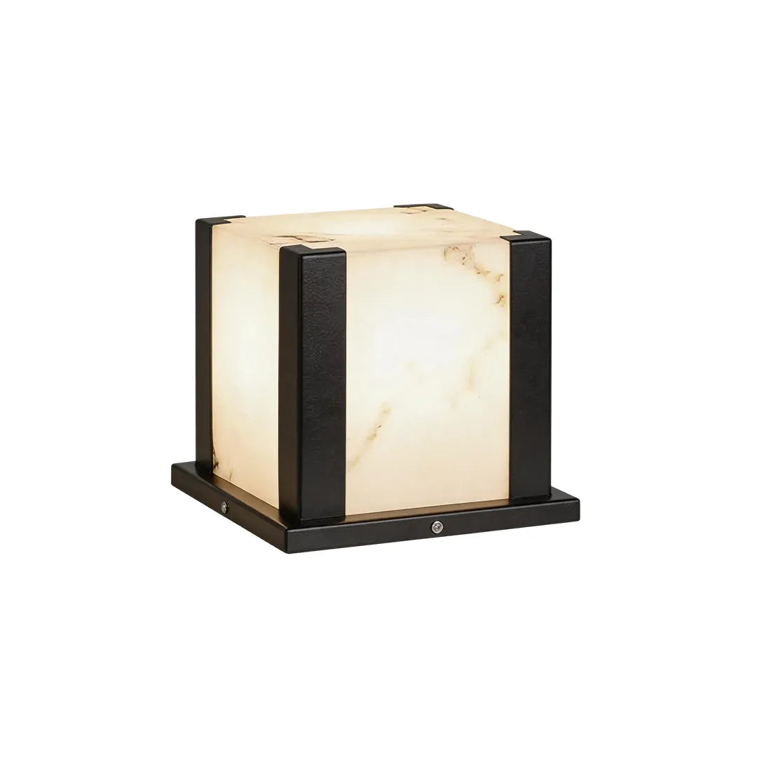 Square outdoor pillar light with warm glow and white marble effect glass