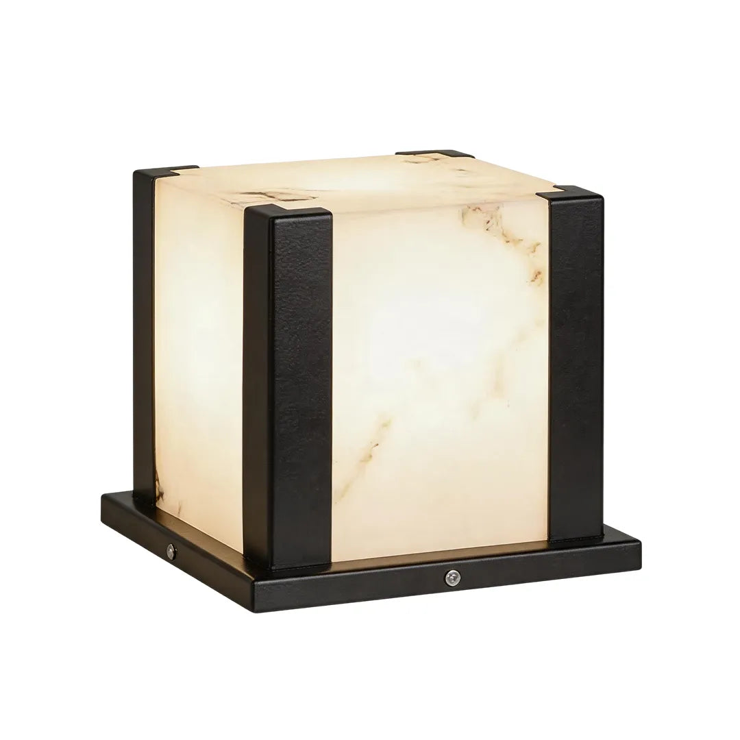 Square outdoor pillar light with warm glow and marble effect glass shade