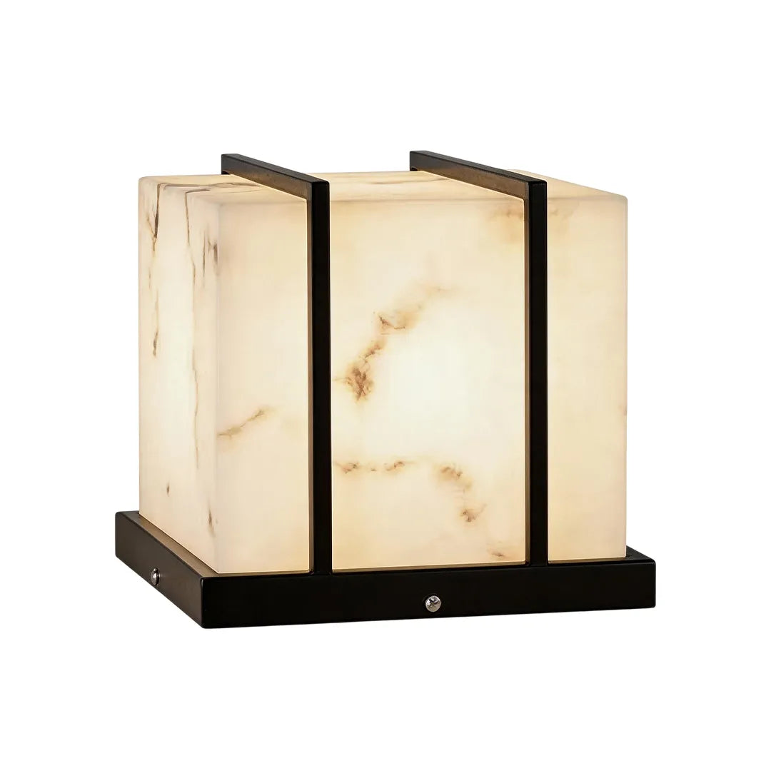 Square outdoor pillar light with warm illumination and marble effect glass panels