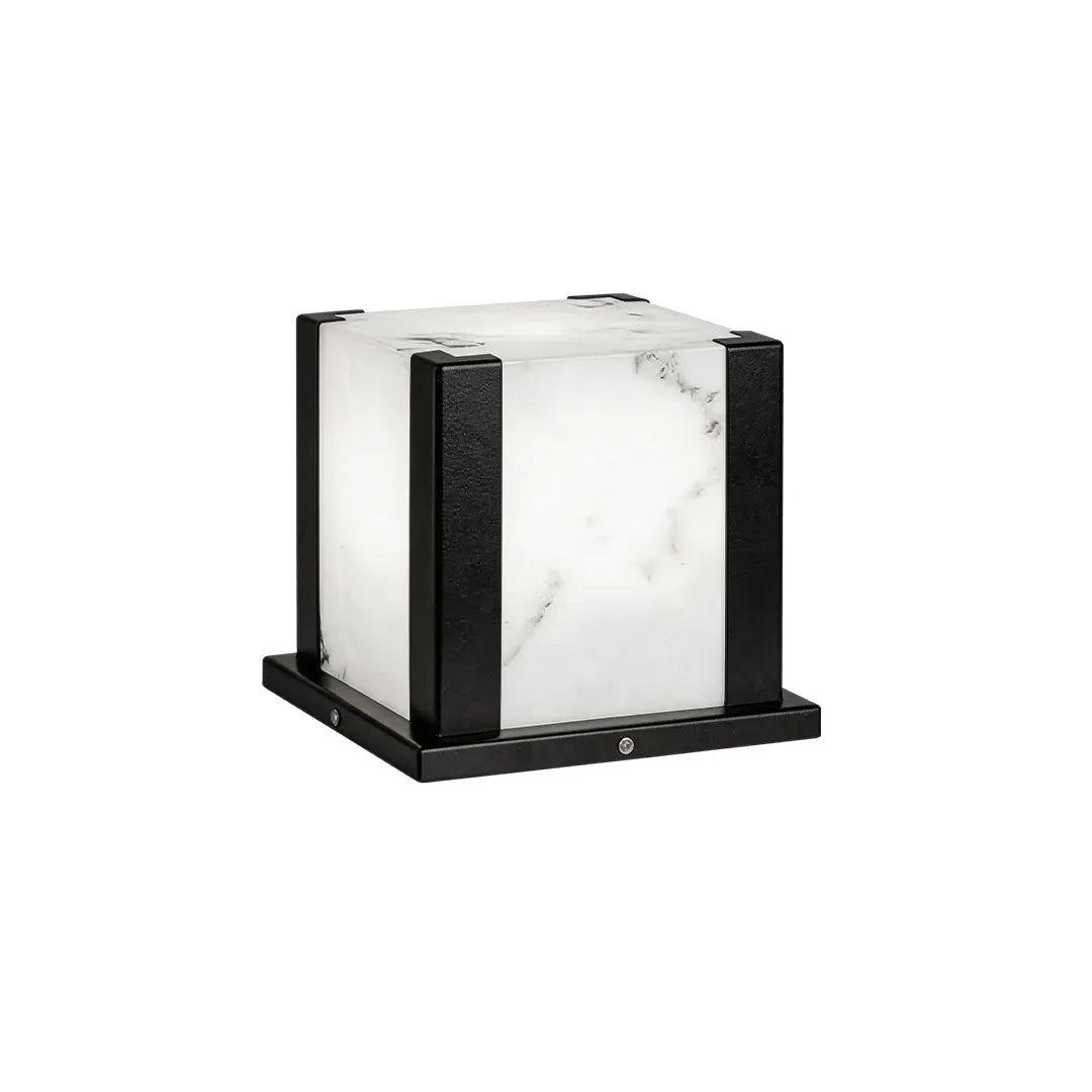 Square outdoor pillar light with white marble effect shade and black metal frame